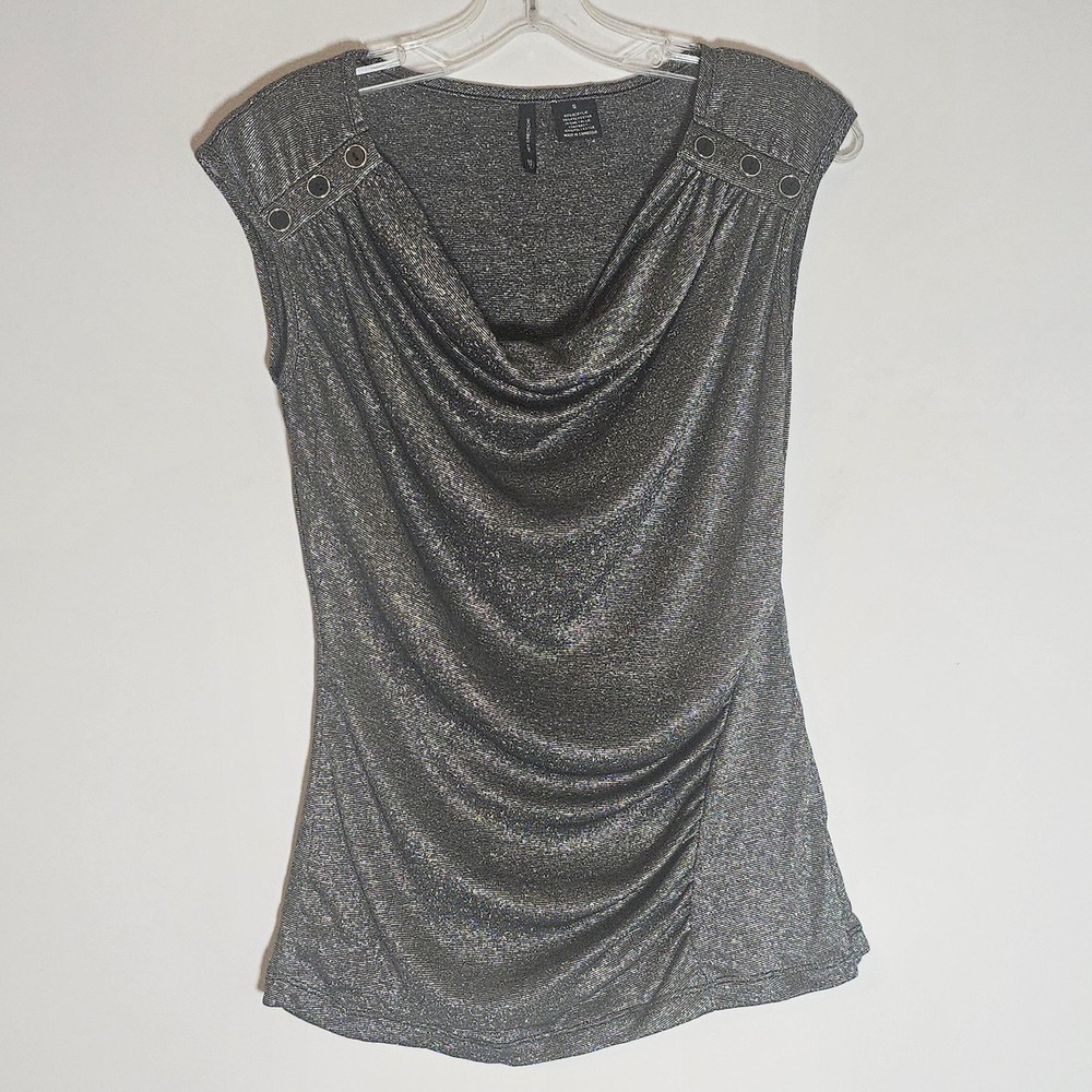 New Directions Top Womens Small Silver Cowl Drape Neck Metallic Sleeveless Y2K S